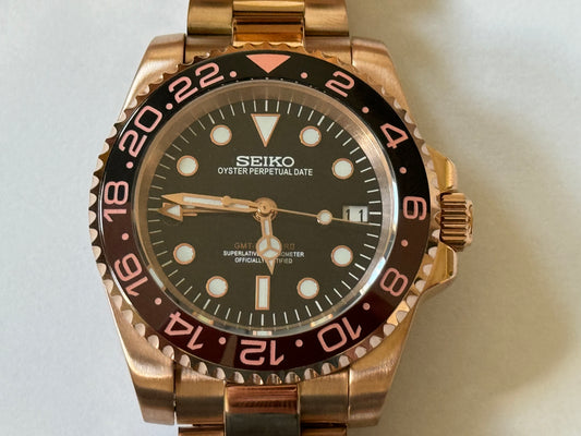 Seiko Mod Rootbeer GMT 41MM Case Rose Gold No Cyclops